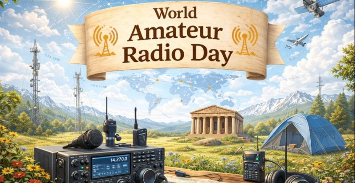 World Amateur Radio Day 2026: Importance & Celebration World Amateur Radio Day banner with an illustrated globe backdrop, mountains and sky, a radio set in the foreground, and the “World Amateur Radio Day” headline above a scenic landscape with a tent and tall radio towers.