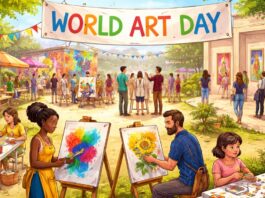 World Art Day banner showing children and adults painting and drawing at outdoor art stations and easels, with colorful artwork on display; a headline at the top reads “WORLD ART DAY” on a banner, and a lively garden setting surrounds the activity. World Art Day 2026