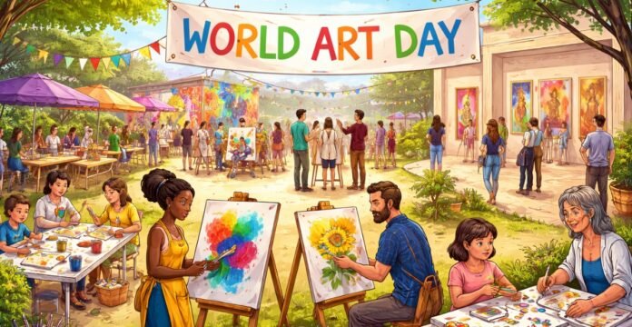 World Art Day banner showing children and adults painting and drawing at outdoor art stations and easels, with colorful artwork on display; a headline at the top reads “WORLD ART DAY” on a banner, and a lively garden setting surrounds the activity. World Art Day 2026