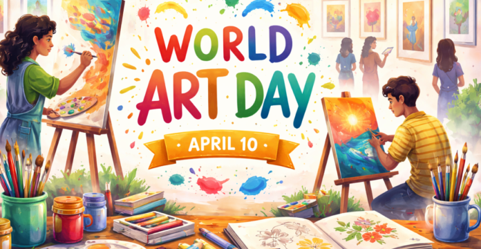Colorful banner-style illustration for World Art Day showing two people painting on easels, art supplies on a table in the foreground, and a central sign that reads “WORLD ART DAY” with “APRIL 10” on a ribbon banner, surrounded by paint splashes and bright splatters in the sky. World Art Day
