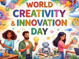 A colorful illustration for World Creativity & Innovation Day showing people working with art, technology, and science tools under a bright rainbow-themed sky with gears, lightbulb, and planets. World Creativity and Innovation Day
