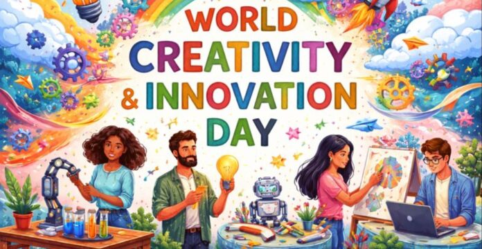A colorful illustration for World Creativity & Innovation Day showing people working with art, technology, and science tools under a bright rainbow-themed sky with gears, lightbulb, and planets. World Creativity and Innovation Day