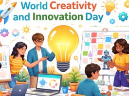 Colorful illustration for World Creativity and Innovation Day showing students collaborating at a workspace with laptops and tablets, a glowing light bulb symbol, a robot, and idea icons like gears, charts, and paper planes.