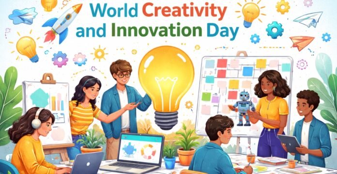 Colorful illustration for World Creativity and Innovation Day showing students collaborating at a workspace with laptops and tablets, a glowing light bulb symbol, a robot, and idea icons like gears, charts, and paper planes.
