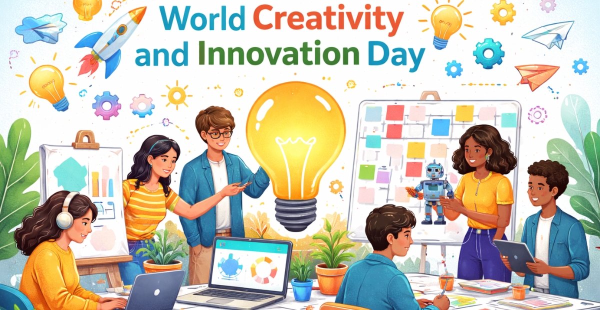 World Creativity and Innovation Day 2026: Inspire Change Colorful illustration for World Creativity and Innovation Day showing students collaborating at a workspace with laptops and tablets, a glowing light bulb symbol, a robot, and idea icons like gears, charts, and paper planes.
