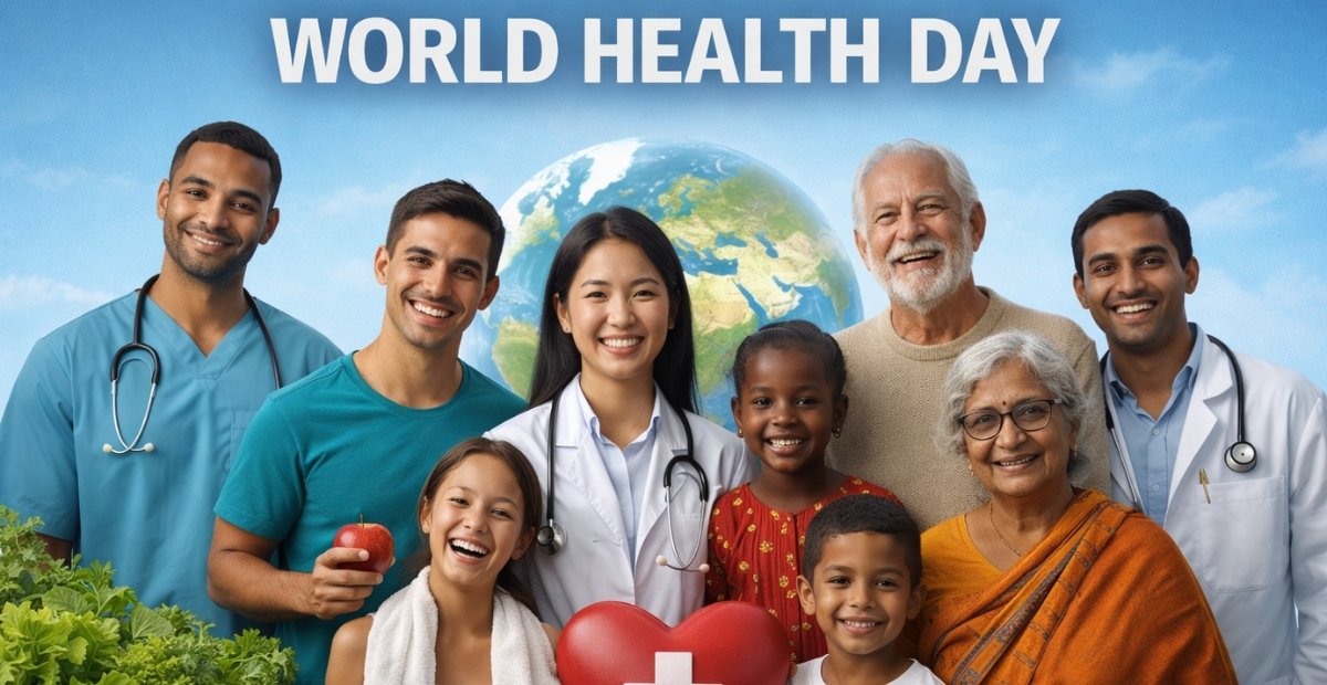 World Health Day: History, Theme & Healthy Living Tips “A banner for World Health Day with the words ‘WORLD HEALTH DAY’ at the top, showing a smiling group of healthcare workers and patients posing around a globe and heart icon. World Health Day