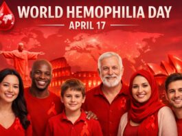 World Hemophilia Day banner with a red theme showing a smiling group of adults and a child wearing red clothing, including visible red ribbon symbols on some outfits; at the top, a headline reads “WORLD HEMOPHILIA DAY” with “APRIL 17” underneath, plus a droplet icon with a world map and additional red landmarks in the background. World Hemophilia Day