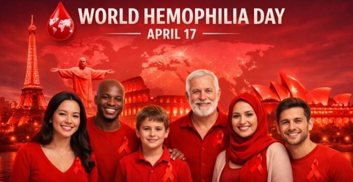 World Hemophilia Day banner with a red theme showing a smiling group of adults and a child wearing red clothing, including visible red ribbon symbols on some outfits; at the top, a headline reads “WORLD HEMOPHILIA DAY” with “APRIL 17” underneath, plus a droplet icon with a world map and additional red landmarks in the background. World Hemophilia Day