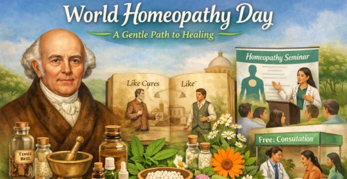 World Homeopathy Day banner illustration featuring Samuel Hahnemann on the left, homeopathic remedies in bottles and jars in the foreground, a “Like Cures Like” book illustration in the center, and a seminar presentation with a “Free Consultation” sign on the right, under the headline “World Homeopathy Day” and the tagline “A Gentle Path to Healing. World Homeopathy Day