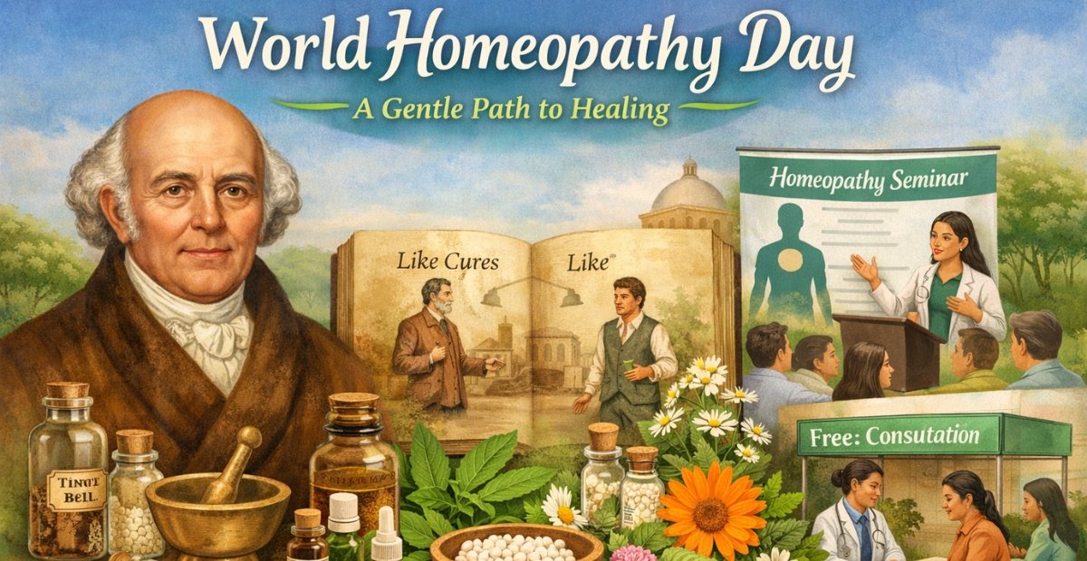 World Homeopathy Day: History, Benefits & Importance World Homeopathy Day banner illustration featuring Samuel Hahnemann on the left, homeopathic remedies in bottles and jars in the foreground, a “Like Cures Like” book illustration in the center, and a seminar presentation with a “Free Consultation” sign on the right, under the headline “World Homeopathy Day” and the tagline “A Gentle Path to Healing. World Homeopathy Day