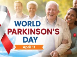 World Parkinson’s Day awareness banner with a ribbon in red and gray, a background scene of smiling seniors and a red tulip, featuring the text “WORLD PARKINSON’S DAY” and “April 11. World Parkinson’s Day