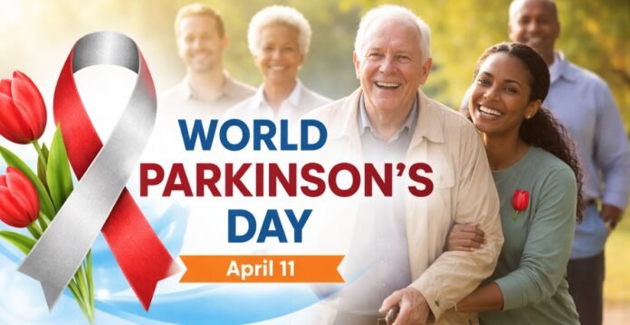 World Parkinson’s Day awareness banner with a ribbon in red and gray, a background scene of smiling seniors and a red tulip, featuring the text “WORLD PARKINSON’S DAY” and “April 11. World Parkinson’s Day