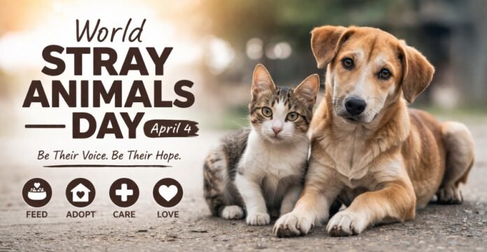 World Stray Animals Day poster showing a stray dog and cat with message “Be Their Voice, Be Their Hope” and icons for feeding, adopting, caring, and loving animals. World Stray Animals Day