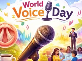 World Voice Day awareness banner featuring a large golden microphone and audio wave graphics, a glass of water and cup on the left, an outdoor scene with people in a circle as if speaking or listening, and the headline “World Voice Day” with quote-style punctuation above.