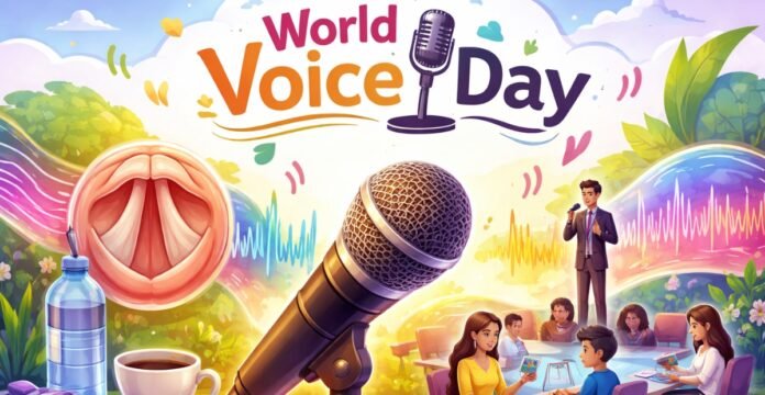 World Voice Day awareness banner featuring a large golden microphone and audio wave graphics, a glass of water and cup on the left, an outdoor scene with people in a circle as if speaking or listening, and the headline “World Voice Day” with quote-style punctuation above.
