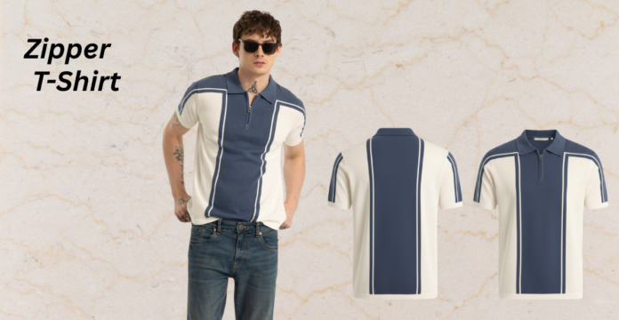 Zipper T-shirt with zip neck collar, featuring contrasting navy and white color-block panels, styled for modern casual wear.