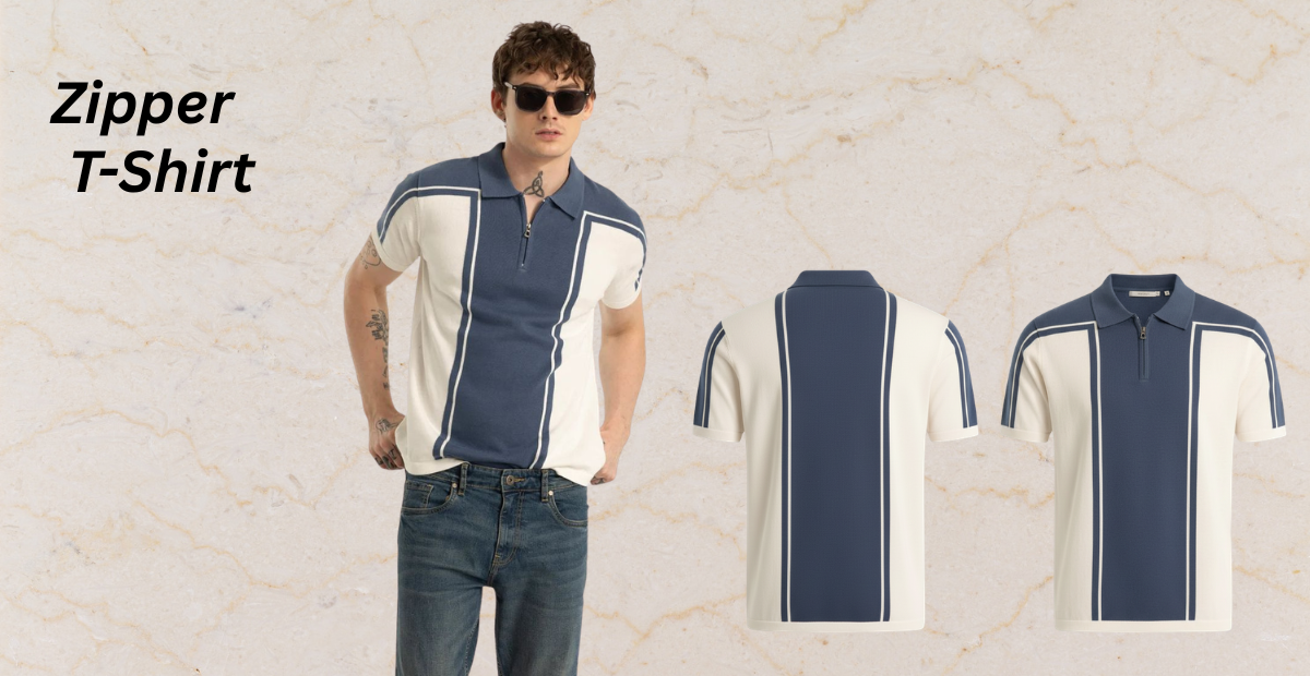 Zipper T-Shirt – Stylish Zip Neck Tee for Modern Casual Wear Zipper T-shirt with zip neck collar, featuring contrasting navy and white color-block panels, styled for modern casual wear.