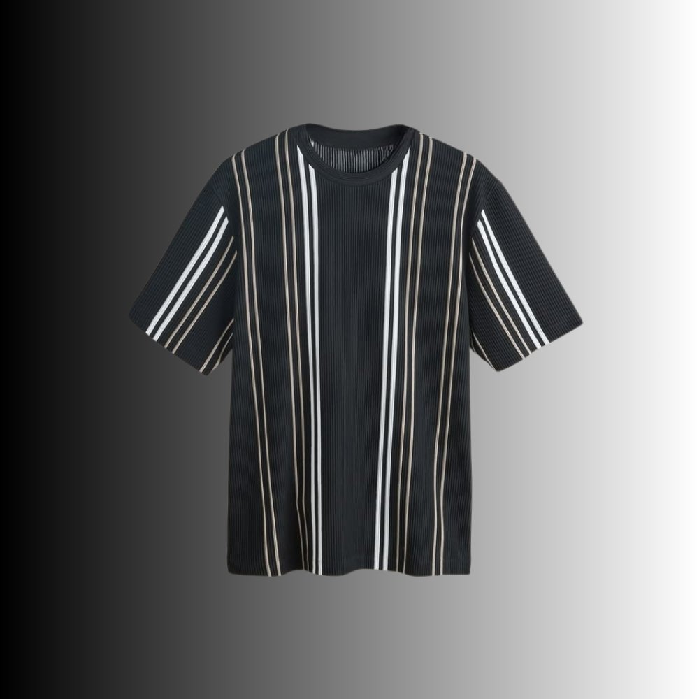 Striped T-Shirts for Men – Simple, Stylish & Always Trendy 7 Black short Striped T-Shirts with vertical multicolor stripes (white, cream, and navy) across the front and sleeves, shown on a neutral background.