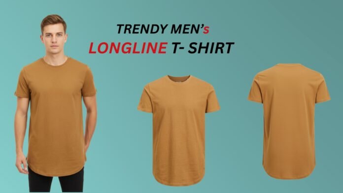 Men’s longline t-shirt in tan/brown—front, side, and back view on a model. Trendy men’s longline t-shirt—tan color, front view and back view.