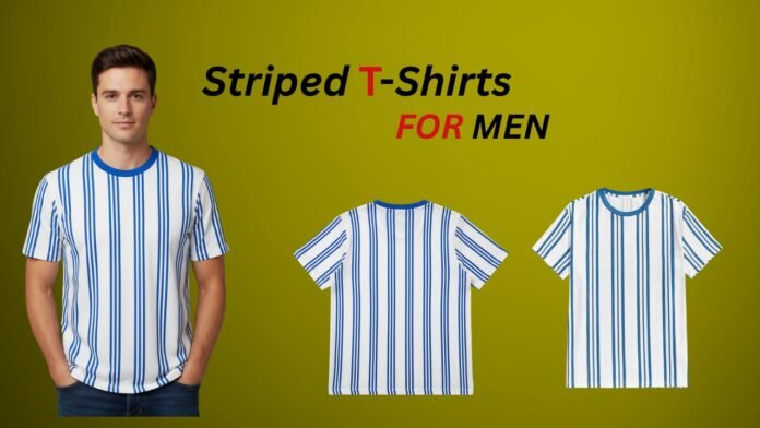 Striped T-shirt for men in blue and white with front and back shirt views on a yellow background.