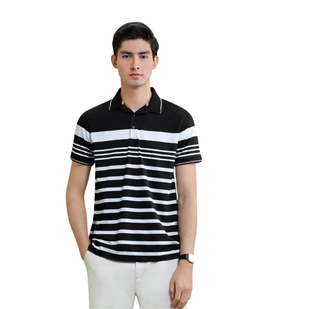 Striped T-Shirts for Men – Simple, Stylish & Always Trendy 9 Black short-sleeve polo shirt with bold horizontal white stripes across the chest and sleeves, shown on a clean white background.