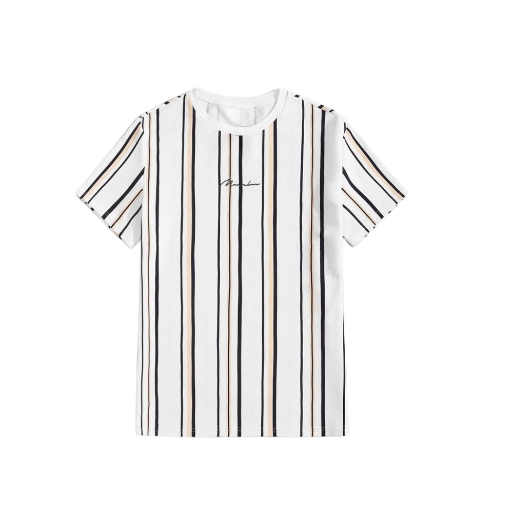 Striped T-Shirts for Men – Simple, Stylish & Always Trendy 10 White striped short-sleeve T-shirt with vertical navy, tan, and black stripes across the front, shown on a clean white background.