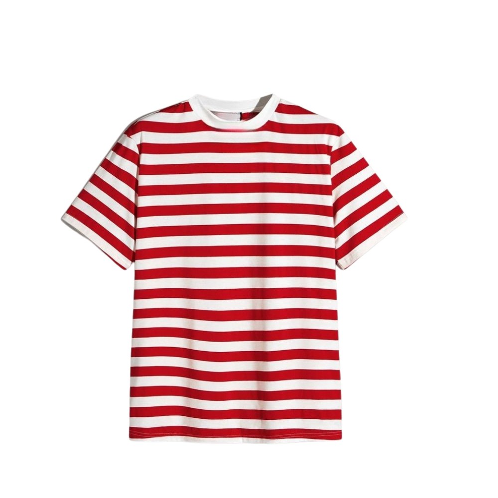 Striped T-Shirts for Men – Simple, Stylish & Always Trendy 11 Red and white striped short-sleeve T-shirt with horizontal stripes and a crew neckline, shown on a clean white background.
