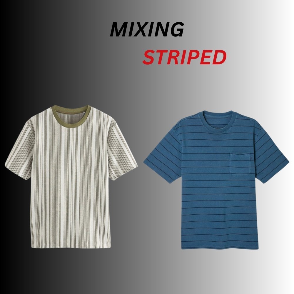 Striped T-Shirts for Men – Simple, Stylish & Always Trendy 12 Two striped short-sleeve T-shirts shown side by side, one in black-and-white vertical stripes and one in blue horizontal stripes, both with crew necklines.”