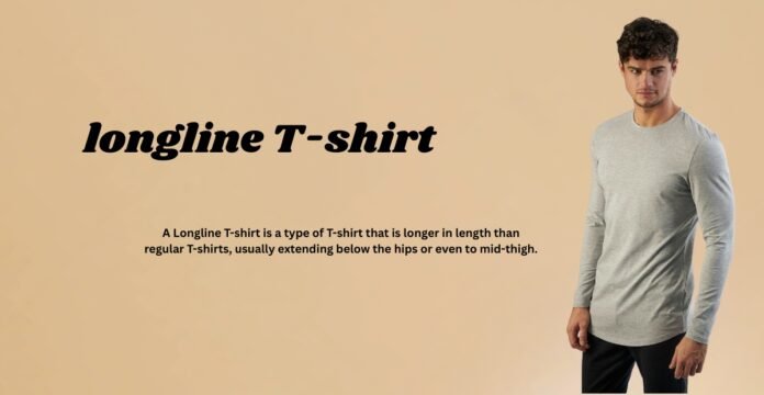 Man wearing a longline T-shirt in light gray, shown against a beige background with the text “longline T-shirt”.