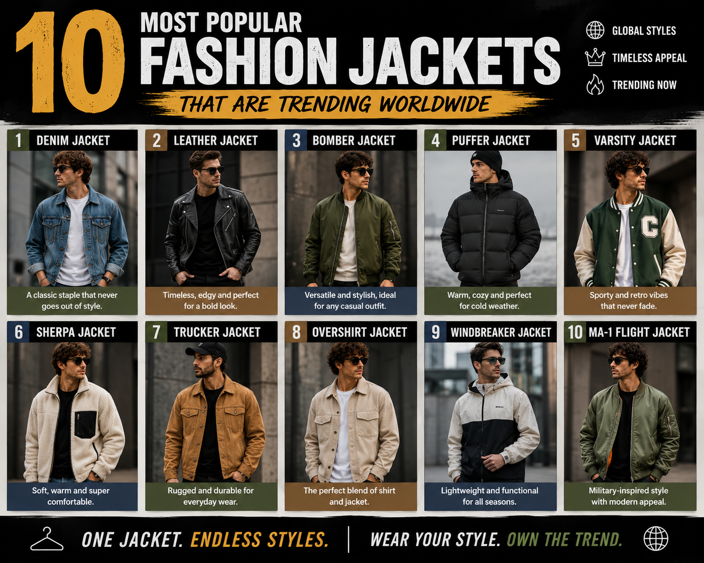 10 Most Popular Fashion Jackets That Are Trending Worldwide Collection of trending fashion jackets including denim, bomber, varsity, leather, puffer, and sherpa jackets in modern streetwear fashion.