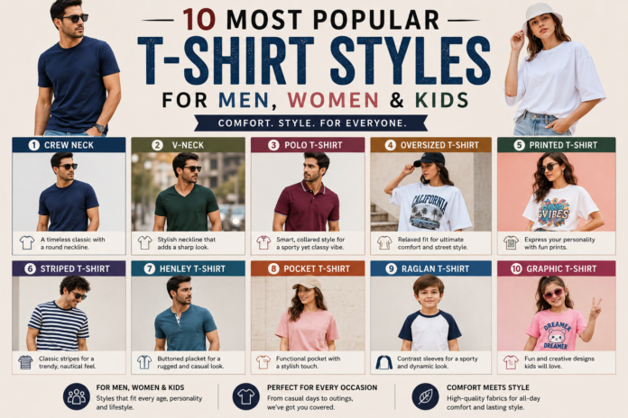 Collection of popular T-shirt styles for men, women, and kids featuring oversized, graphic, plain, fitted, and casual fashion tees.