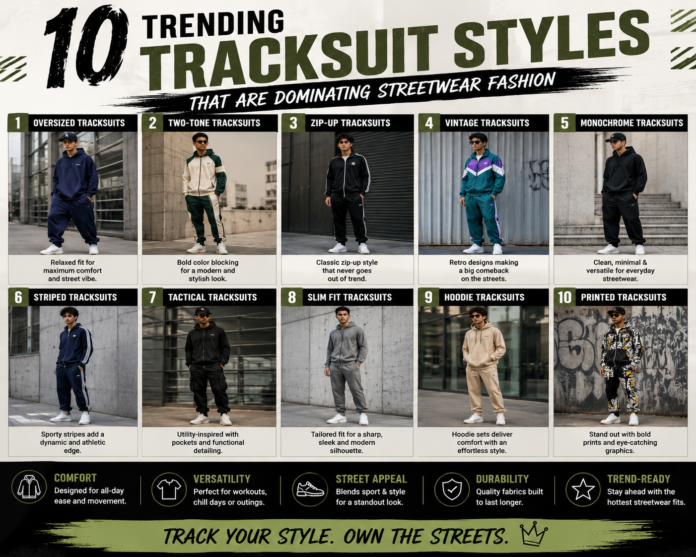 Trending streetwear tracksuit styles featuring oversized, slim fit, monochrome, vintage, and printed tracksuits in modern urban fashion.