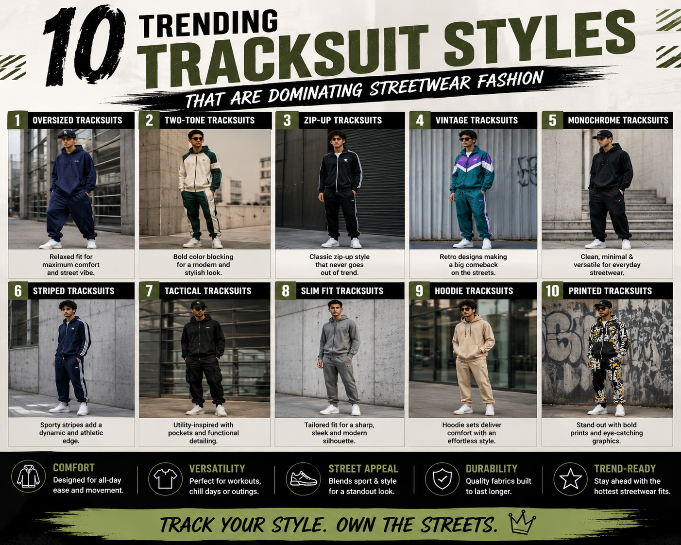 10 Trending Tracksuit Styles That Are Dominating Streetwear Fashion Trending streetwear tracksuit styles featuring oversized, slim fit, monochrome, vintage, and printed tracksuits in modern urban fashion.