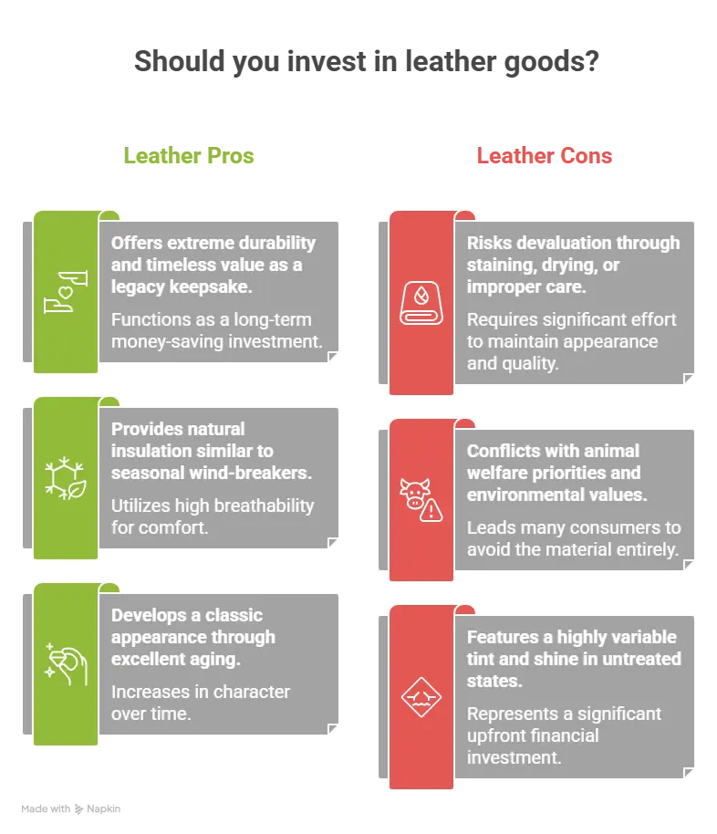 Advantages and disadvantages of leather infographic showing pros and cons