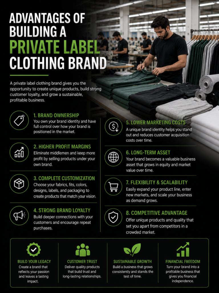 Infographic illustrating the advantages of building a private clothing brand, highlighting benefits like stronger brand identity, higher profit margins, product control, and long-term customer loyalty.