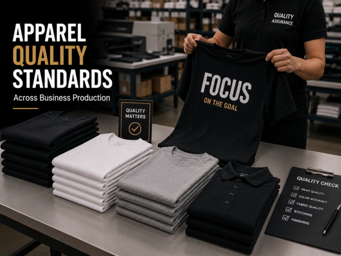 Apparel quality control workspace with folded garments and garment inspection process inside a modern factory.