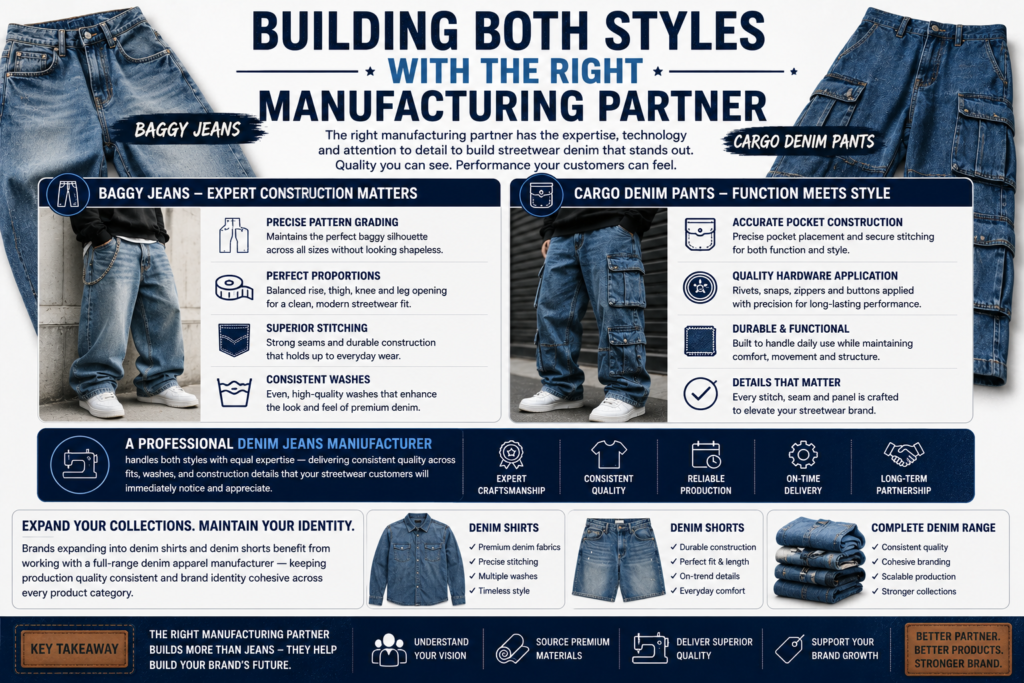 Denim manufacturing infographic comparing construction requirements for baggy jeans and cargo denim pants, highlighting stitching quality, pattern grading, pocket construction, and consistent production expertise.