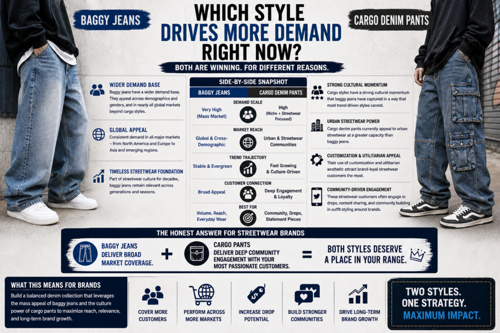 Streetwear denim comparison infographic analyzing market demand for baggy jeans versus cargo denim pants, including audience reach, trend momentum, community engagement, and fashion market appeal.