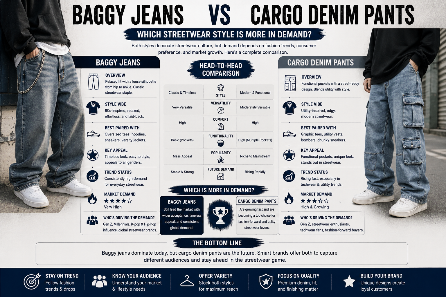 Baggy Jeans vs Cargo Denim Pants — Which Streetwear Style Is More in Demand? Streetwear fashion infographic comparing baggy jeans and cargo denim pants through style features, versatility, functionality, market demand, and streetwear trend analysis.Baggy Jeans vs Cargo Denim Pants