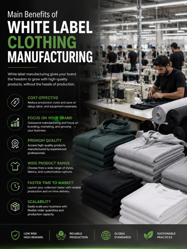 Benefits of white label clothing manufacturing illustrated with icons and text highlighting advantages such as lower costs, faster time to market, flexibility in branding, and reduced production risk.