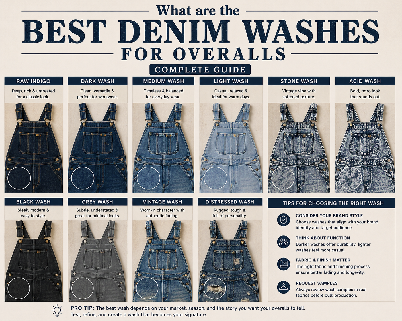 What are the Best Denim Washes for Overalls Complete Guide Different denim wash styles for overalls including raw indigo, stone wash, vintage wash, and distressed finishes.