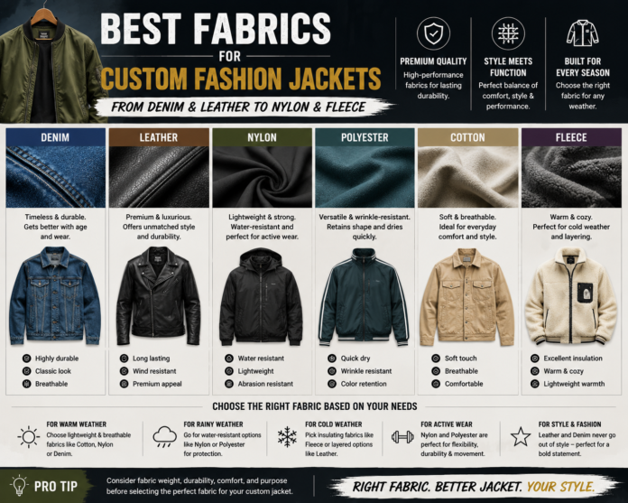 Fashion jacket fabric comparison featuring denim, leather, nylon, and fleece materials used in custom outerwear manufacturing.