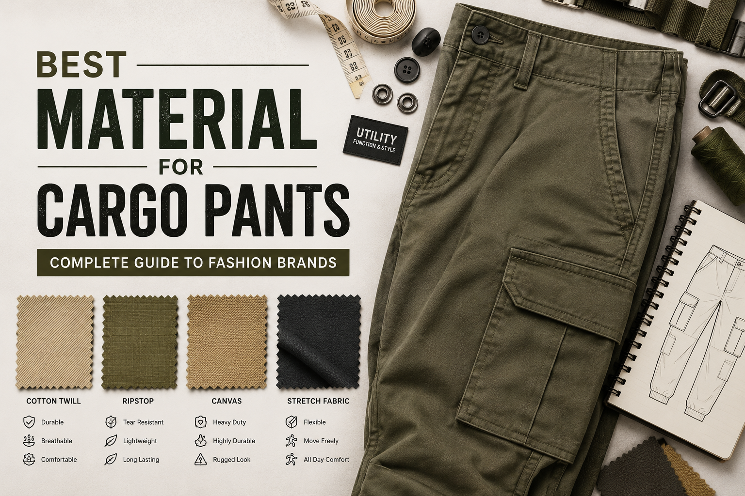 Best Material For Cargo Pants Complete Guide To Fashion Brands Flat lay featured image showing olive green cargo pants with fabric swatches, sewing tools, and material samples for cargo pants manufacturing and fashion brands.