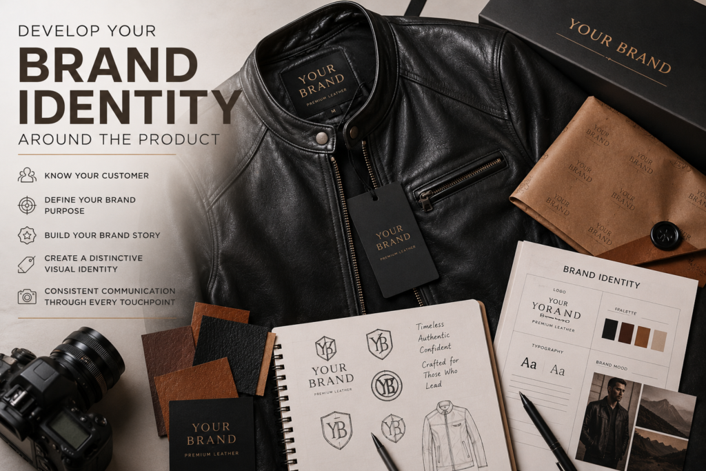 Leather apparel brand identity development with custom labels, logo concepts, packaging, and premium branding materials