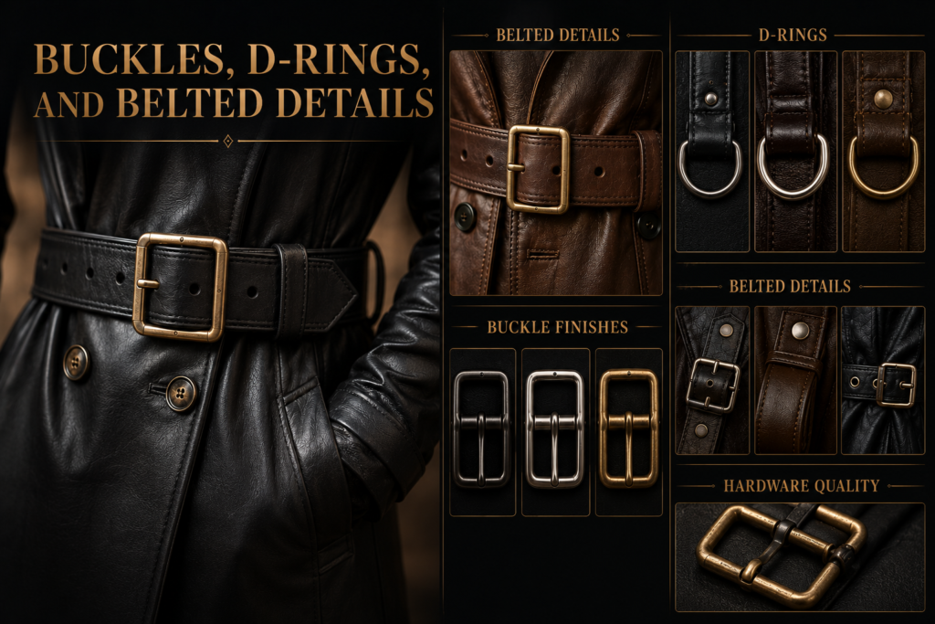 Leather coat with belted waist, metal buckles, D-rings, and premium hardware finishes in gunmetal, silver, and antique gold.