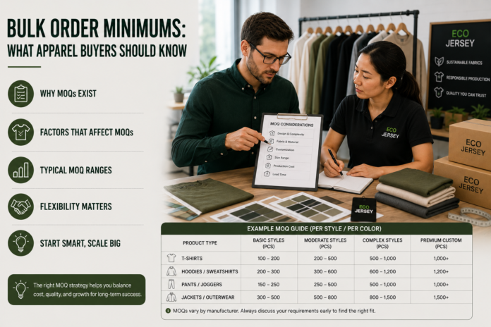 Bulk order minimums explained for apparel buyers with MOQ planning, production quantity comparison, apparel manufacturing consultation, and clothing inventory strategy in a modern factory workspace.