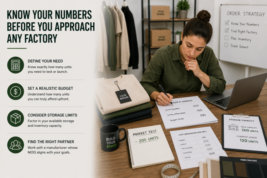 Apparel business owner planning production quantities, order budgets, storage capacity, and MOQ requirements before contacting a clothing manufacturer.
