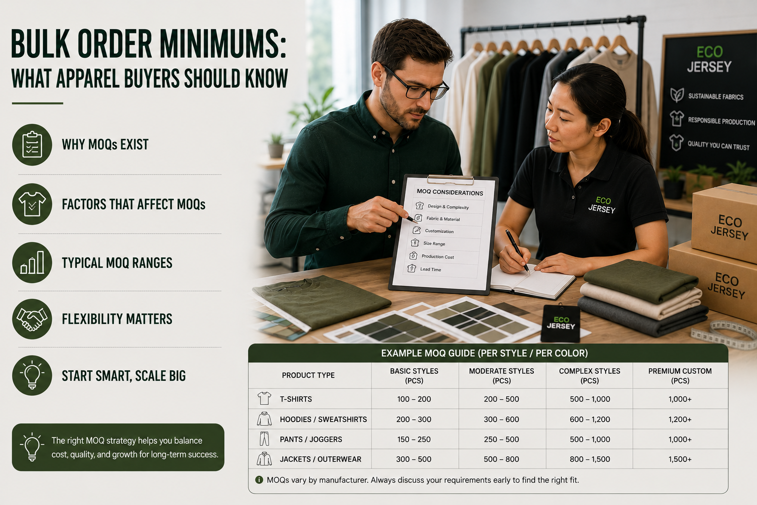 Bulk Order Minimums: What Apparel Buyers Should Know Bulk order minimums explained for apparel buyers with MOQ planning, production quantity comparison, apparel manufacturing consultation, and clothing inventory strategy in a modern factory workspace.