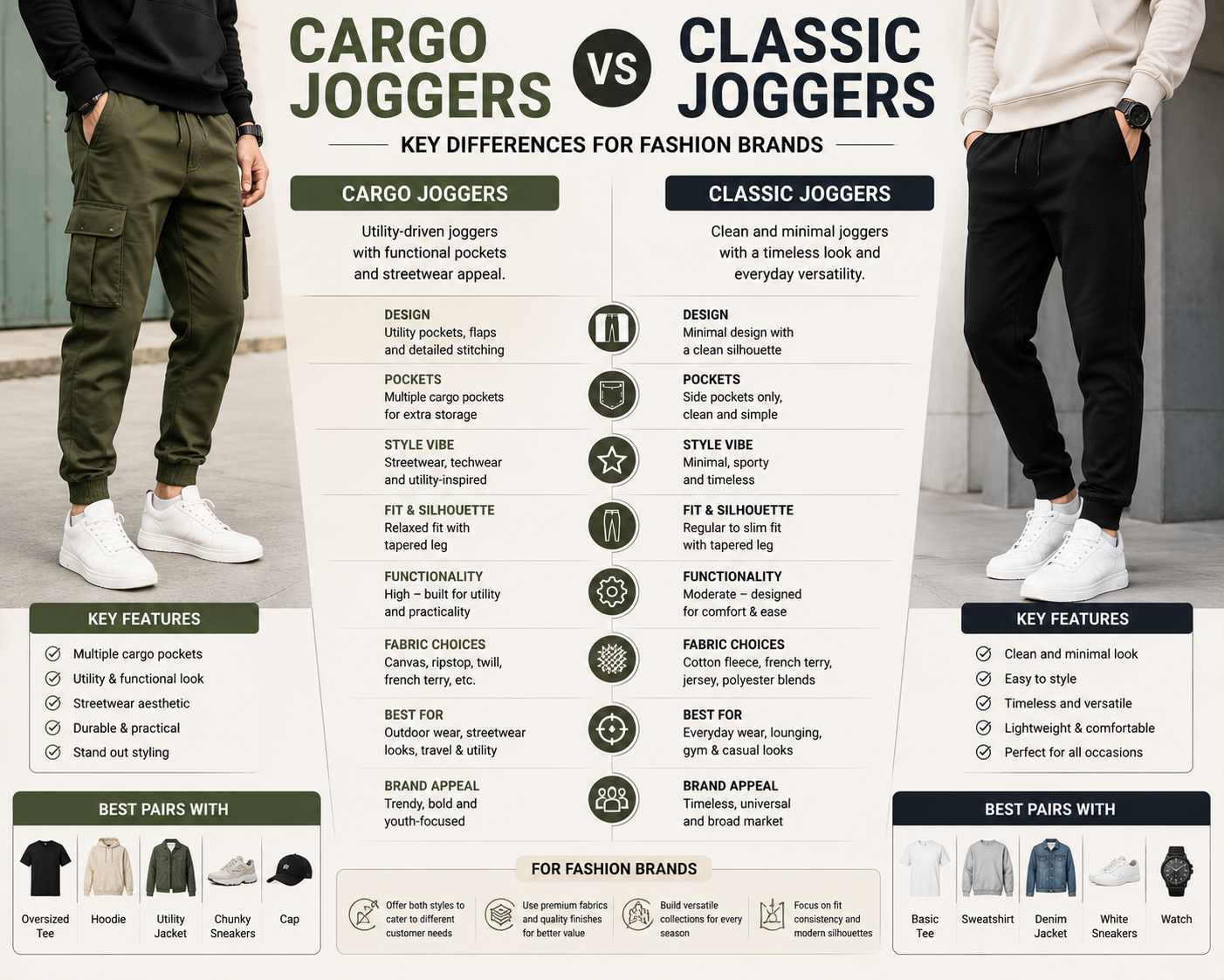 Cargo Joggers vs Classic Joggers: Key Differences for Fashion Brands Modern joggers comparison image featuring cargo joggers with utility pockets and classic joggers with clean tapered styling in a contemporary streetwear layout.