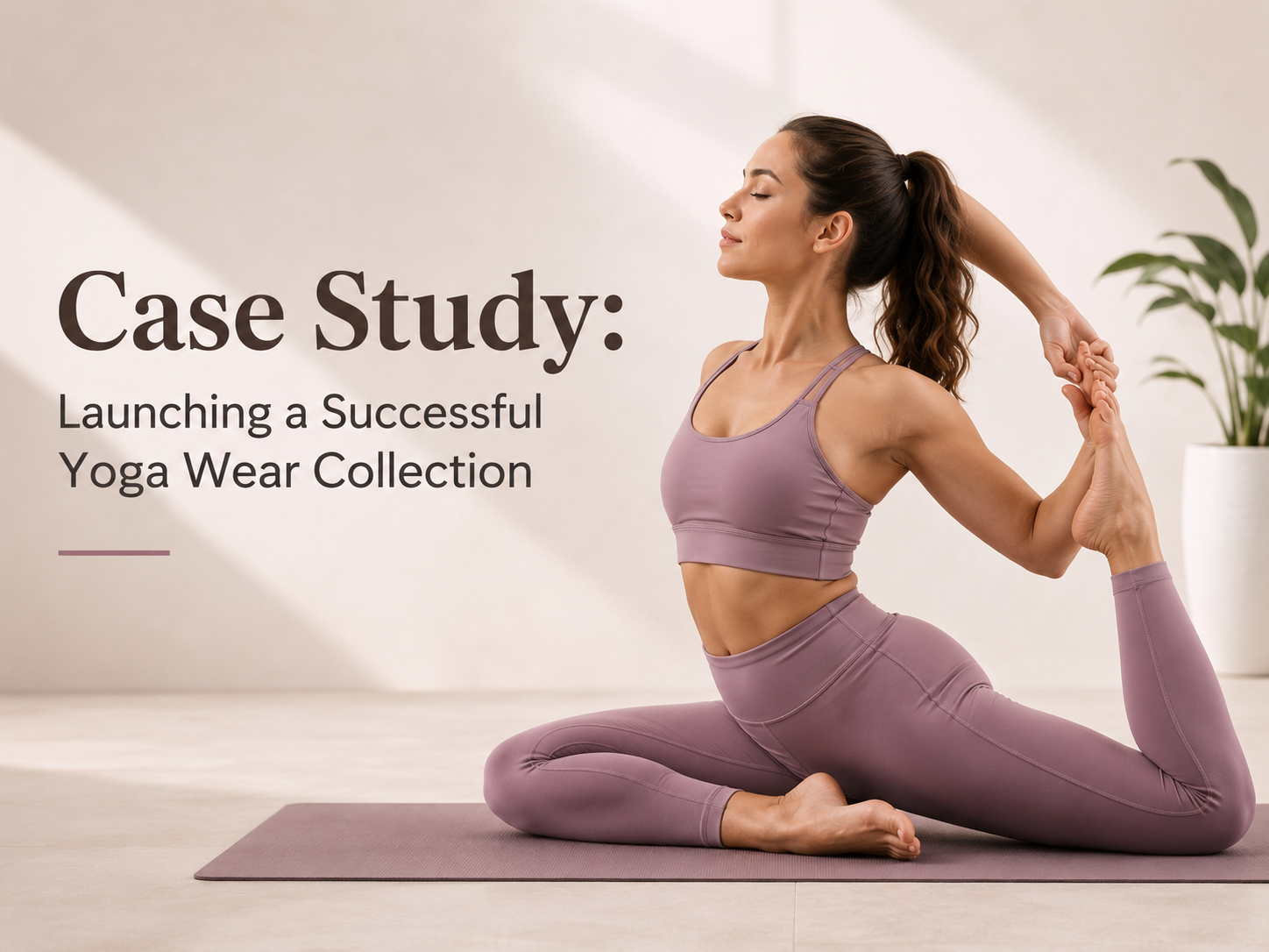 Case Study:Launching Yoga Wear Collection Successfully Woman practicing yoga in a modern studio while wearing a stylish mauve yoga wear set, featured alongside minimal editorial text for a yoga wear collection case study.
